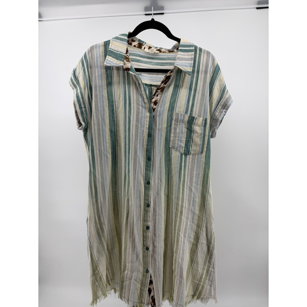 Umgee Striped Button Down Teal to Green Shirt Dress Womens Size Medium Boho